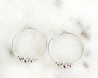 Sterling Silver Minimalist Beaded Hoops, Trio Sterling Silver Slide Beads, Minimal and Dainty, #1333