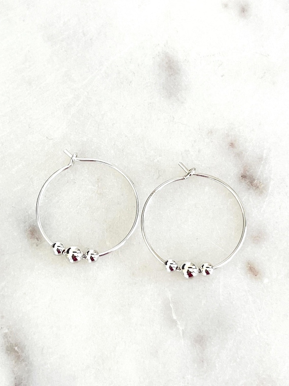 Sterling Silver Minimalist Beaded Hoops, Trio Sterling Silver Slide Beads, Minimal and Dainty, #1333