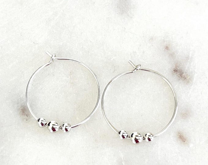 Sterling Silver Minimalist Beaded Hoops, Trio Sterling Silver Slide Beads, Minimal and Dainty, #1333