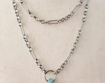 Chunky Stainless Steel Chain Necklace, Aquamarine Crystal Gemstone Pendant, Double Wrap Necklace, Paperclip Link Statement Jewelry, #2023
