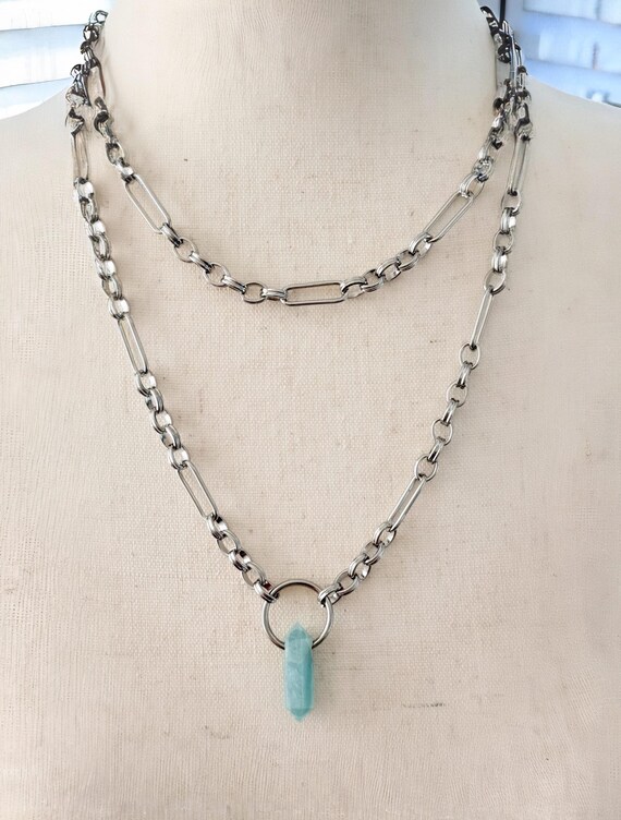 Chunky Stainless Steel Chain Necklace, Aquamarine Crystal Gemstone Pendant, Double Wrap Necklace, Paperclip Link Statement Jewelry, #2023