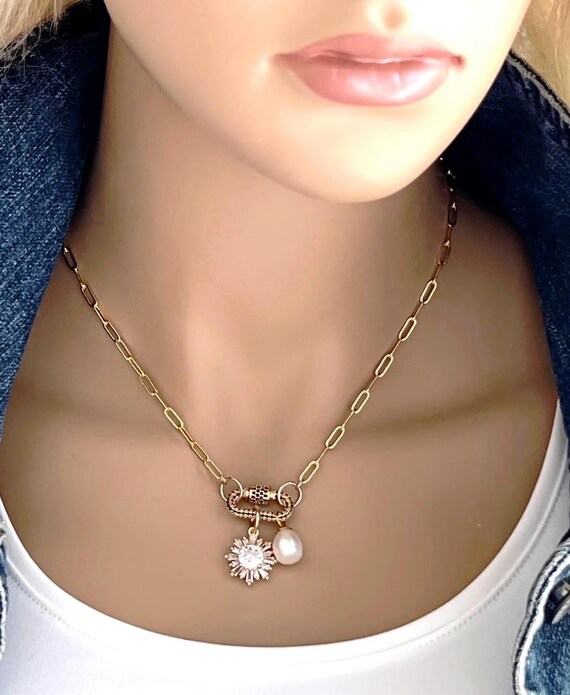 14k Gold Filled Paperclip Chain Carabiner Necklace: Freshwater Pearl & Zircon Flower Charm, #1753