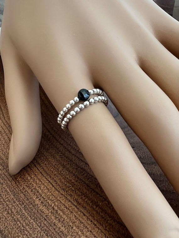Double Sterling Silver Gemstone Beaded Stretch Ring Stack, Layered Gemstone Stretch Rings, Silver Dainty Rings, #1278