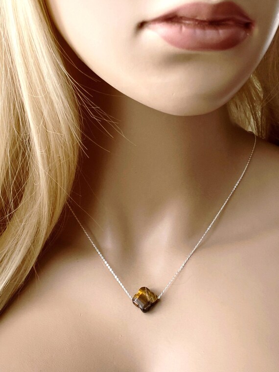 14k Gold Filled Tiger Eye Clover Gemstone Necklace, Sterling Silver Quatrefoil Minimalist Choker #1167