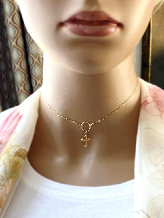 14k Gold Filled Cross Choker Necklace: Eternity Ring Pendant, #990