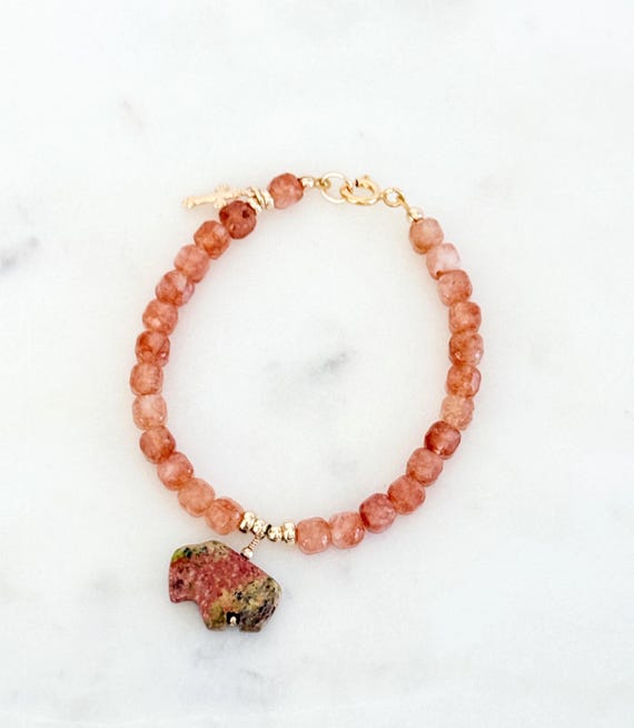 Unakite Bear Bracelet, 14k Gold Filled Cross, Sunstone Gemstone, Protection Healing Jewelry, Faith Strength Gift #1977