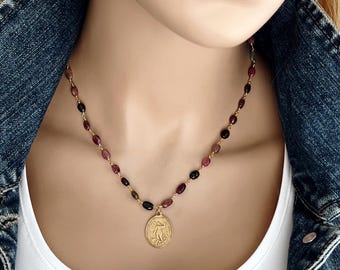Saint Michael Large Tourmaline Gemstone Rosary Necklace, Gorgeous Big Oval Tourmalines, Gold Bronze Charm, Religious Inspiration, #1787