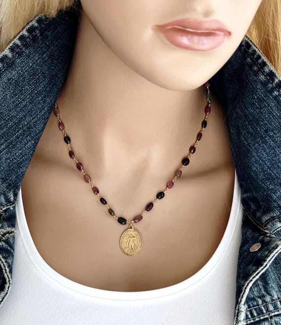 Saint Michael Large Tourmaline Gemstone Rosary Necklace, Gorgeous Big Oval Tourmalines, Gold Bronze Charm, Religious Inspiration, #1787