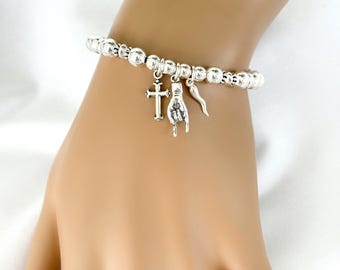 Sterling Silver Mano Cornuto Bead Bracelet, Add a Horn & Cross, Adjustable Length, Protection and Luck, #1908