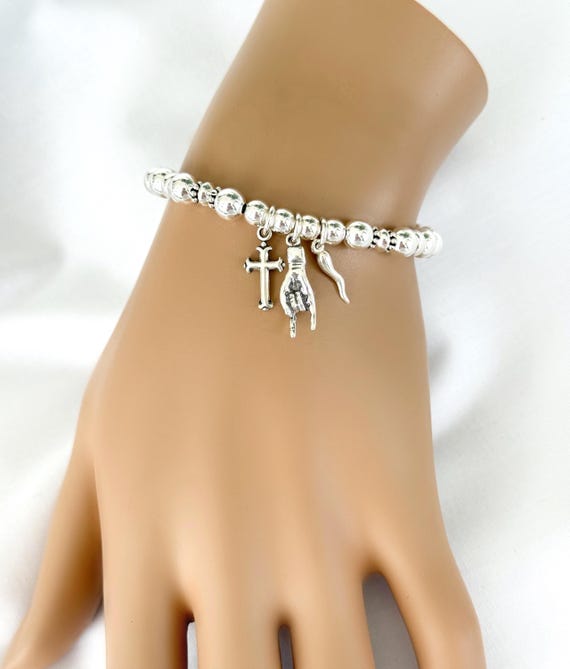 Sterling Silver Mano Cornuto Bead Bracelet, Add a Horn & Cross, Adjustable Length, Protection and Luck, #1908