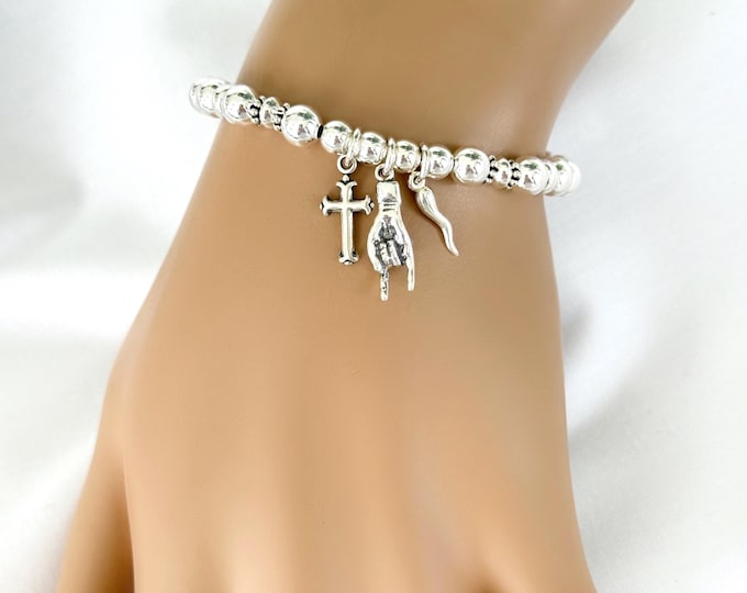 Sterling Silver Mano Cornuto Bead Bracelet, Add a Horn & Cross, Adjustable Length, Protection and Luck, #1908