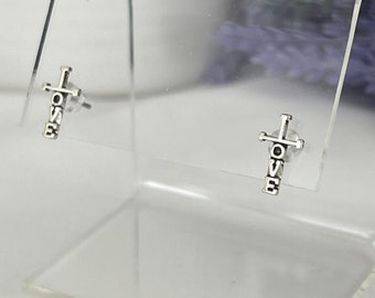 Sterling Silver Cross Post Earrings, Love Cross Studs, Religious, Inspirational, Minimal Tiny Silver Love Earrings, #1603