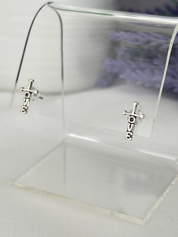 Sterling Silver Cross Post Earrings, Love Cross Studs, Religious, Inspirational, Minimal Tiny Silver Love Earrings, #1603