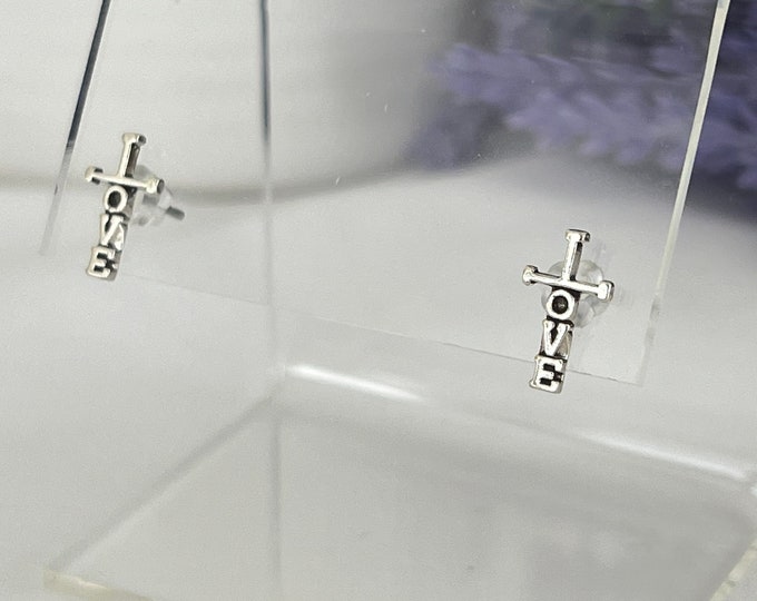 SALE Sterling Silver Cross Post Earrings, Love Cross Studs, Religious, Inspirational, Minimal Tiny Silver Love Earrings, #1603