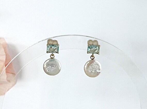 Lux Coin Pearl Dangle Earrings: Aqua Blue Faceted Glass Studs, Gold Rimmed Silicone Heart Backings, 925 Silver Posts, #1894