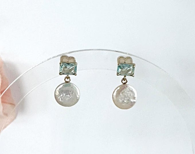 Lux Coin Pearl Earrings, Faceted Aqua Blue Emerald Cut Studs, 925 Posts, March Birthstone, Dainty Dangles, #1894