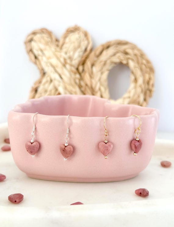 Rhodochrosite Heart Earrings, Pink Faceted Gemstone Dangles, 14k Gold Filled or Sterling Silver, Valentine Gift #1955
