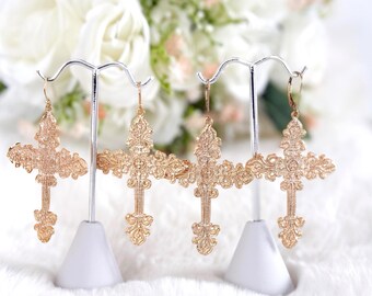 Large Ornate Gold Cross Earrings, Lightweight on 14k Gold Filled Earwires or Leverbacks, Elegant Faith-filled Jewelry Gift #1877