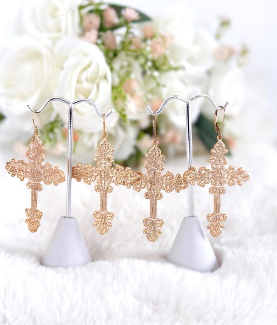 Large Ornate Gold Cross Earrings, Lightweight on 14k Gold Filled Earwires or Leverbacks, Elegant Faith-filled Jewelry Gift #1877