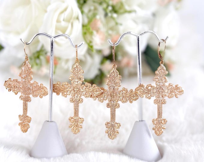 Large Ornate Gold Cross Earrings, Lightweight on 14k Gold Filled Earwires or Leverbacks, Elegant Faith-filled Jewelry Gift #1877