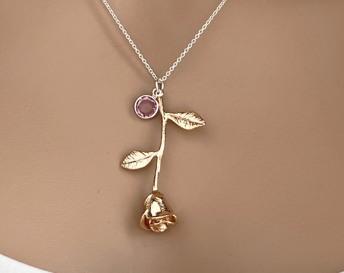 Gold Long Stem Rose on Sterling Silver Chain Necklace, Birthstone Charms, Mixed Metals Necklace, Gold and Silver, Mother's Necklace, #1612