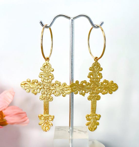14k Gold Filled Hoop Earrings: Large Ornate Cross, Religious Jewelry, Big & Bold High Fashion Jewelry #1877