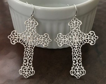 Silver Filigree Cross Earrings, 14k Gold Filled Earrings or Sterling Silver, Big and Beautiful Light Weight Cross Earrings, #753/#943/#1588