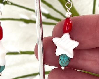 Kingman Turquoise Nugget Sterling Silver Earrings, MOP Star and Red Coral // Red, White & Blue Gems Fireworks Earrings #1728