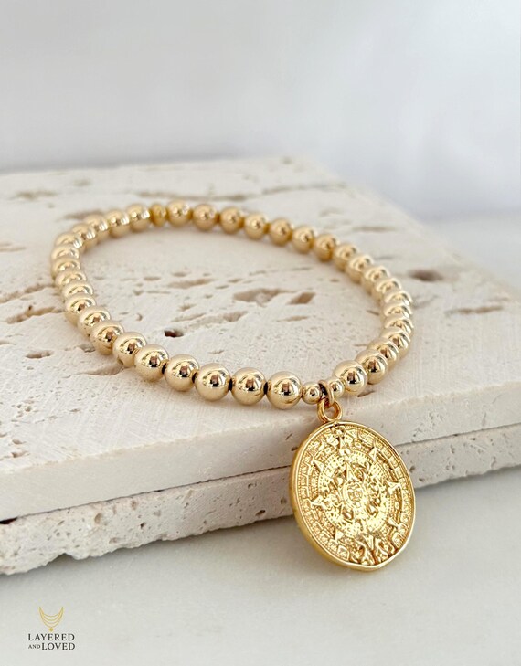 Gold Aztec Calendar Beaded Bracelet with 14k Gold Filled Beads, Large Mexican Pendant #1297