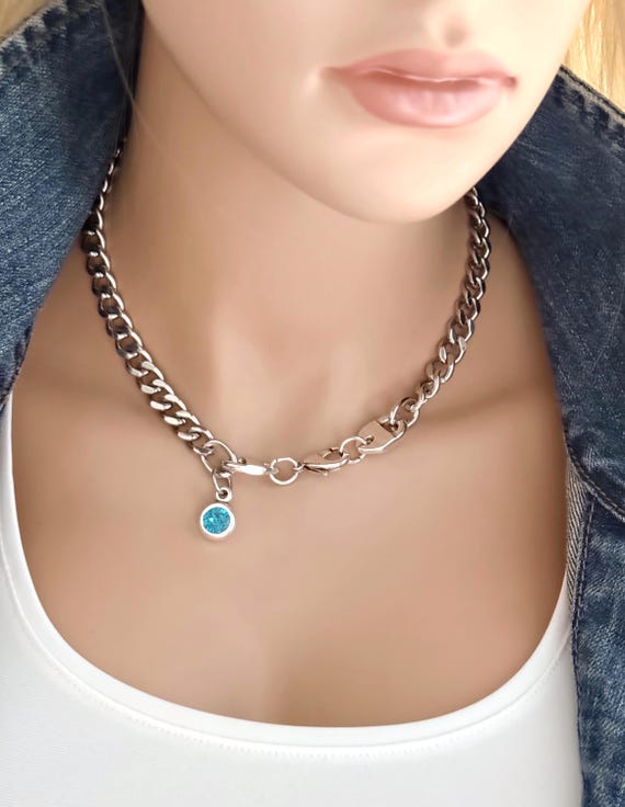 Chunky Silver Chain Necklace with Blue Swarovski Crystal Dangle Charm, Stainless Steel Curb Chain, Front Thick Clasp Closure, #1990