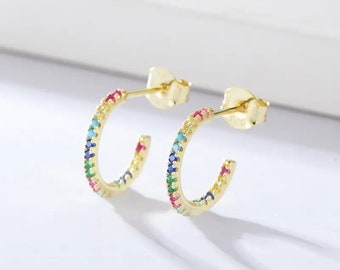 Rainbow Zircon Hoop Earrings, Sterling Silver Hoops, Silver or Gold, Dainty CZ Hoop Earrings, Pride Jewelry #1586