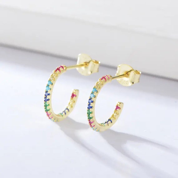 Rainbow Zircon Hoop Earrings, Sterling Silver Hoops, Silver or Gold, Dainty CZ Hoop Earrings, Pride Jewelry #1586