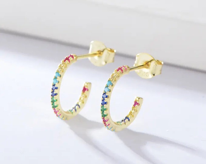 Rainbow Zircon Hoop Earrings, Sterling Silver Hoops, Silver or Gold, Dainty CZ Hoop Earrings, Pride Jewelry #1586