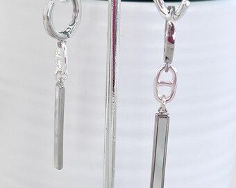 Long Sterling Silver Marine Link Mini Hoop Earrings, with MOP Bar Stick Shell Dangles, Classic Mini Hoop Swaying Gem Sticks, #1774