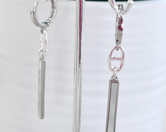 Long Sterling Silver Marine Link Mini Hoop Earrings, with MOP Bar Stick Shell Dangles, Classic Mini Hoop Swaying Gem Sticks, #1774