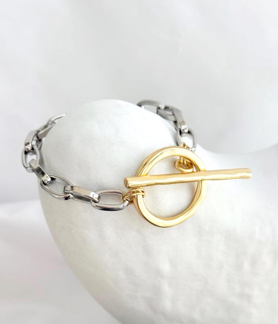 Chunky Stainless Steel Bracelet, Oversized Matte Gold Toggle Clasp, Mixed Metal Statement Bracelet, Modern Minimalist Design, #2044