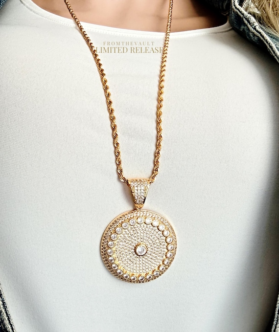 Gold Iced Out Mandala Pendant Necklace, 30" Rope Chain , Statement Disc Necklace, Zircon Medallion, From the Vault Limited Release, #2018