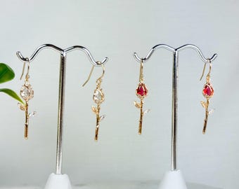 Long Stem Zircon Rose Earrings, 14k Gold Filled Chandeliers, Rose Red or Clear Flowers, Sparkling Single Rose, #1860