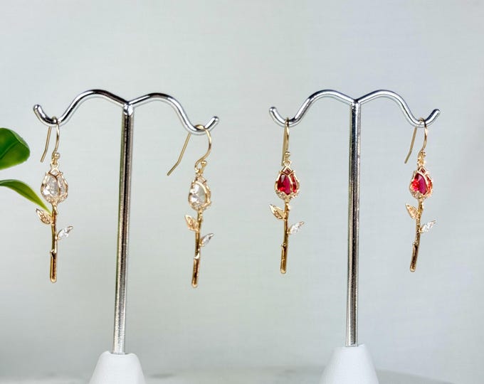 Long Stem Zircon Rose Earrings, 14k Gold Filled Chandeliers, Rose Red or Clear Flowers, Sparkling Single Rose, #1860