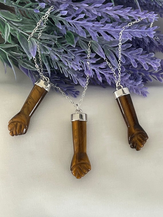 Tiger Eye Gemstone Sterling Silver Necklace, Figa Fist Gemstone Charm, Goddess Call for Fertility, Ward Off Evil, Good Luck Charm, #1149