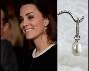 Silver Kate Middleton Inspired Drop Pearl Zircon Hoop Earrings, Gorgeous Lustrous Pearls, Sterling Silver Hoops, Royal Inspiration #1543