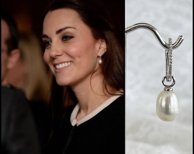 Silver Kate Middleton Inspired Drop Pearl Zircon Hoop Earrings, Gorgeous Lustrous Pearls, Sterling Silver Hoops, Royal Inspiration #1543