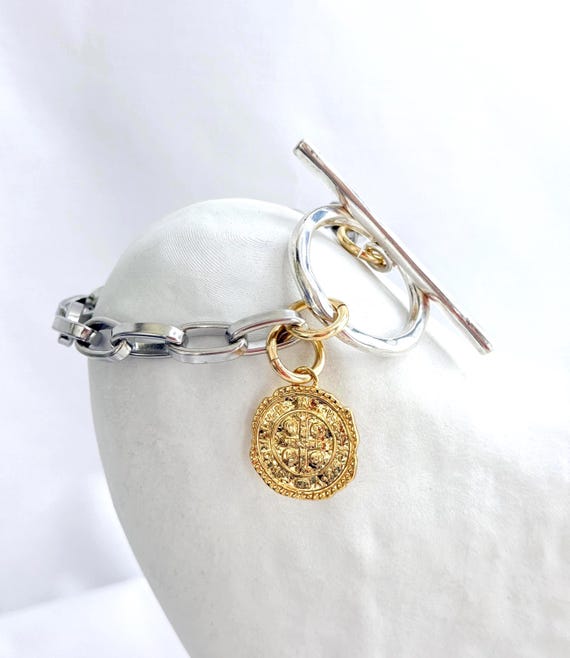 Stainless Steel Chunky Link Bracelet, Oversized Toggle Clasp, Gold Cross Coin Charm, Mixed Metal Statement Bracelet, #2045