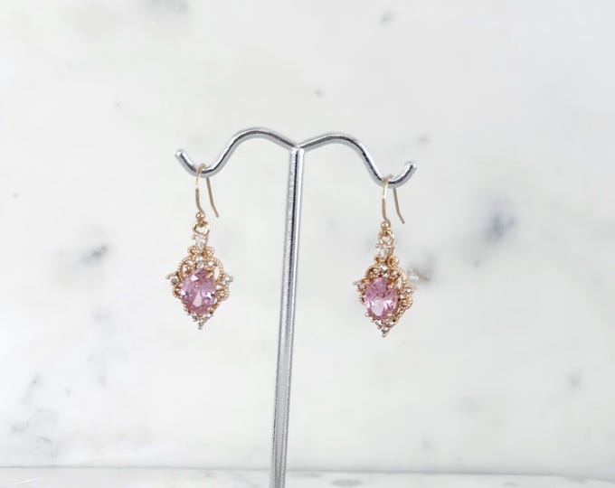 Dainty Pink Regency Era Earrings, 14k Gold Filled Earwires, Vintage Style Drop Earrings, October Birthstone #1842