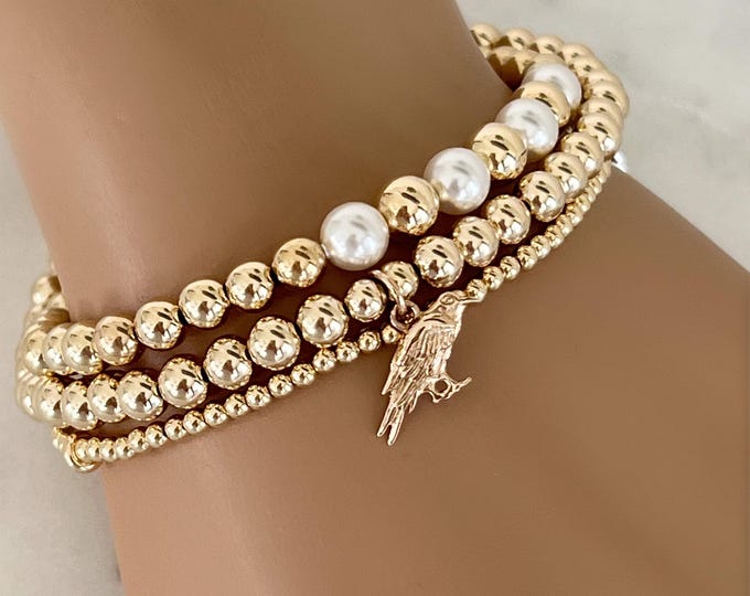 14k Gold Beaded Raven Bracelet, Double Sided Great Detail Raven, 14k Gold Filled Beads, Stretch Bracelet, Magic & Mystery Bird Bracelet 1754