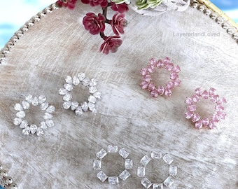 Large Austrian Crystal Stud Earrings, Teardrop Crystals, Round Flat Halo Design, Choose Pink or Clear Crystals, Bejeweled Inspired, #1742