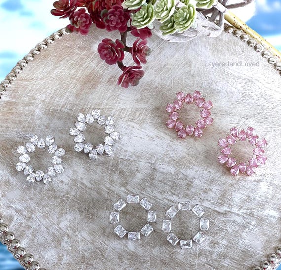 Large Austrian Crystal Stud Earrings, Teardrop Crystals, Round Flat Halo Design, Choose Pink or Clear Crystals, Bejeweled Inspired, #1742