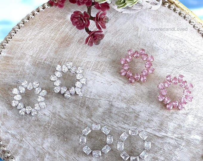 Large Austrian Crystal Stud Earrings, Teardrop Crystals, Round Flat Halo Design, Choose Pink or Clear Crystals, Bejeweled Inspired, #1742