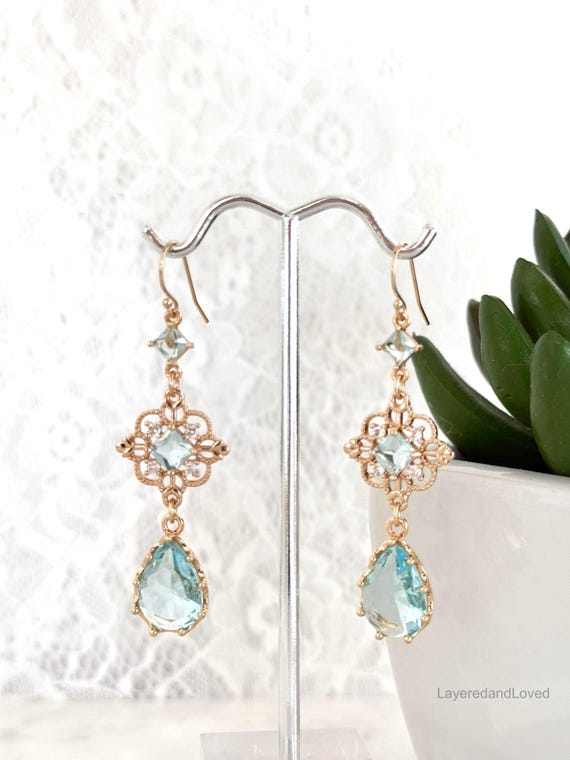 Lake Blue Faceted Stone Earrings, 14k Gold Filled Bridal Chandeliers, Victorian Teardrops, Regency Regal Blue Earrings #1812