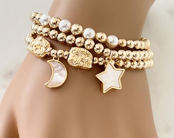 14k Gold Beaded Layered Bracelets, 5mm, 6mm Beads Swarovski Pearls, MOP MoonRocks & Star, Space Jewelry, Boho Beaded Bracelets, #1784-#1786